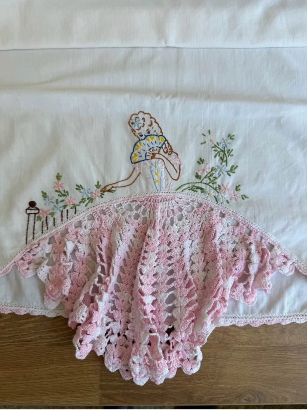 Vintage Southern Belle Embroidered Pillowcase Crochet Lace Skirt Cottagecore